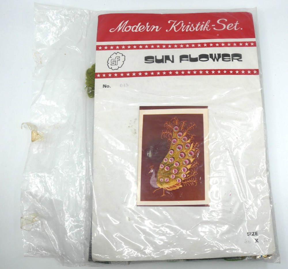 VTG Sun Flower Indonesian Kristik Cross Stitch Kit Set Peacock